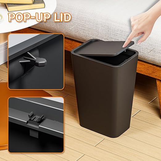 Yieach 12L Black Slim Bathroom Trash Can with Lid,3.17 Gallon Pet/Dog Proof Kitchen Trash Can,Rectangle Thin Garbage Can,Covered Waste Basket,Narrow Small Plastic Trashcan for Room,Bedroom,Office,2PCS