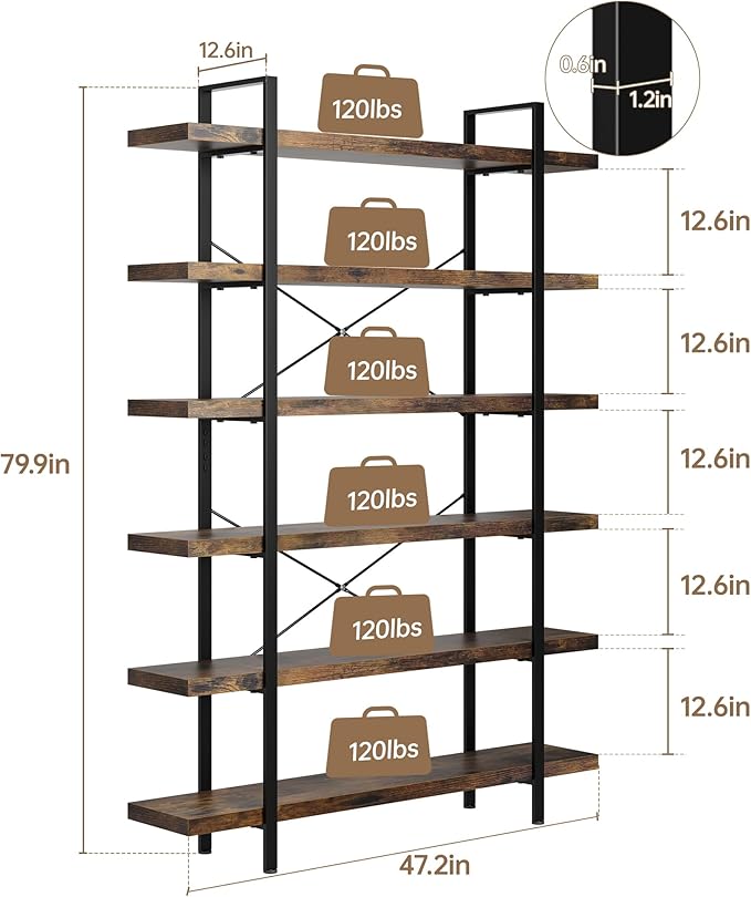 OtterOasis Heavy Duty 6-Tier Industrial Bookcase, 47" Wide Wood Bookshelf for Home Office, 120lbs Shelf Capacity, Rustic Open Shelving Display with Reinforced Horizontal Shelf for Living Room Bedroom