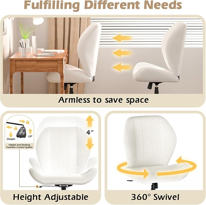 ZZW Criss Cross Chair with Wheels, Wide Cross Legged Office Chair Armless Comfy Desk Chair with Tall Back Vanity Chairs with Stress Relief Curved Design Seat for Bedroom & Office & Home Ivory White