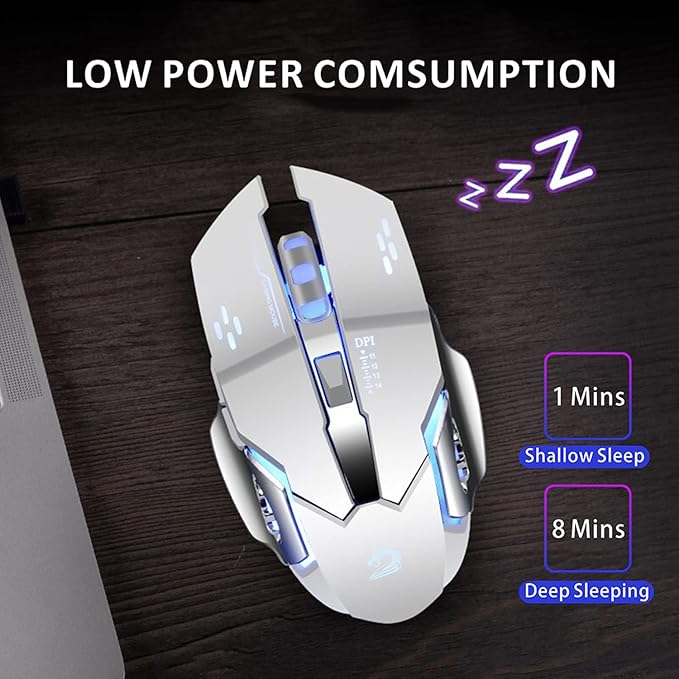Uciefy Q85 Rechargeable Wireless Gaming Mouse, 2.4G LED Optical Silent Wireless Computer Mouse with 4 LED Light, 3 Adjustable DPI, Ergonomic Design, Auto Sleeping (Silver)