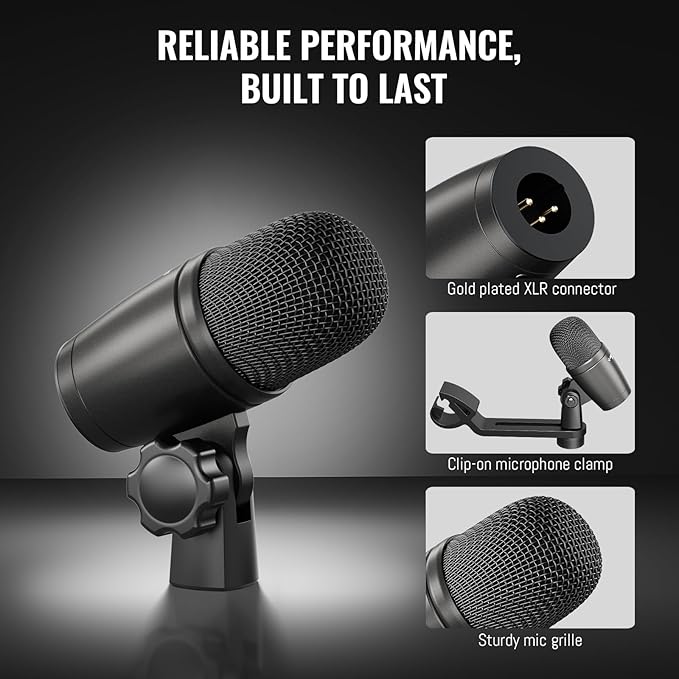 Phenyx Pro PDM34 Snare Drum Mic, Cardioid Dynamic Microphone with Clip-on Microphone Clamp, Integral Stand Mount, and Long-Lasting Metal Housing