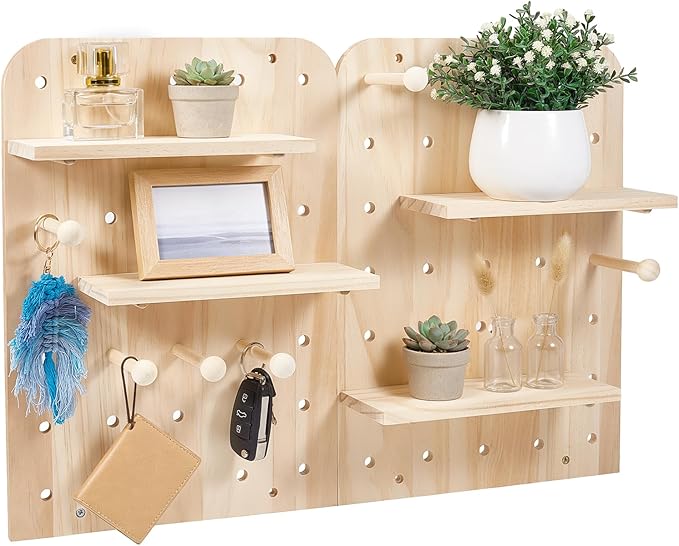 Wood Pegboard Wall Organizer Combination Kit, 2 Office Peg Board Panels with 18 Accessories, Modular Display DlY Storage Crafts Organization Wall Hooks Shelf for Bedroom Study Home