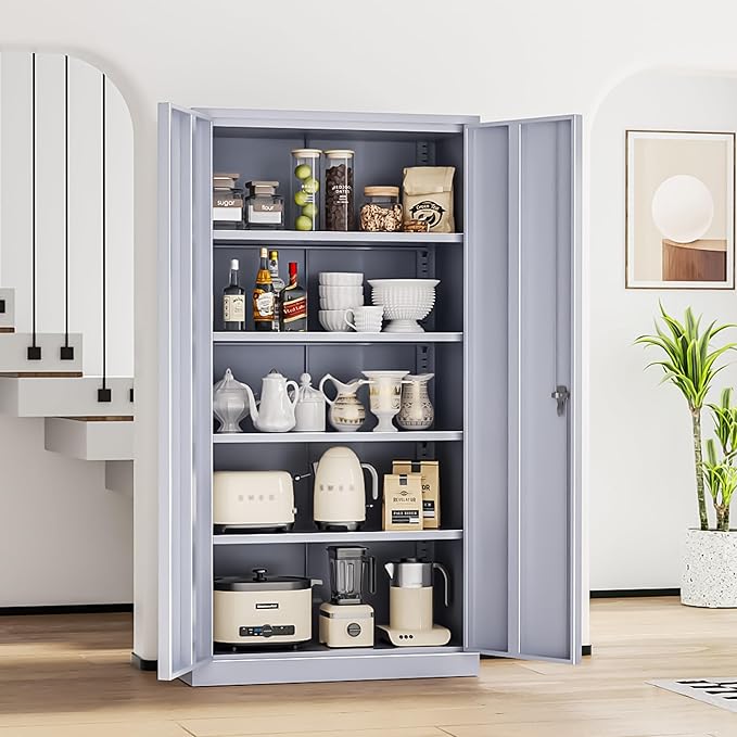 INTERGREAT Metal Lockable Storage Cabinet, 72” H Storage Cabinet with 2 Doors and 4 Adjustable Shelves for Office, Home, Garage, Pantry (Assembly Required, 18”D, Cement Gray)