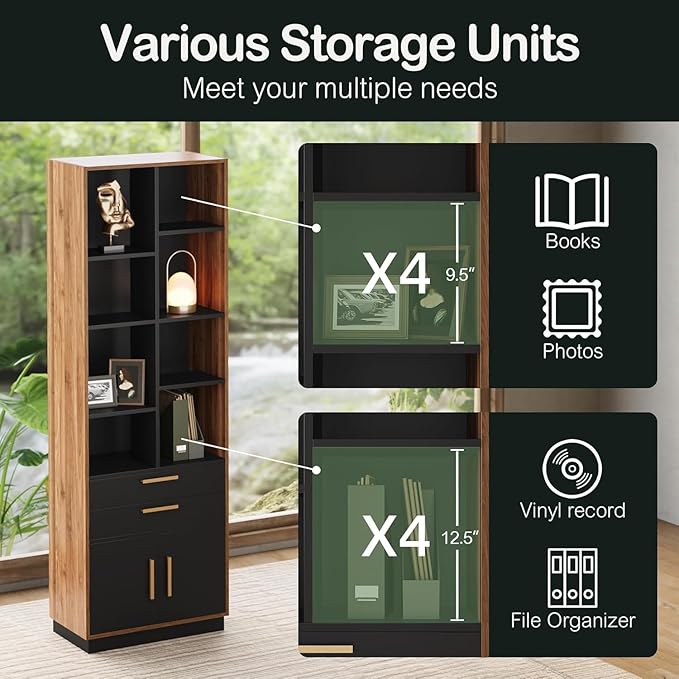 ModernMate Wood Bookcase with 2 Drawers and Doors, 8 Storage Cubes, 73.3" Tall Bookshelf, Modern Bookcases, Wooden Bookshelves for Home and Office, Living Room, Study, Black Walnut