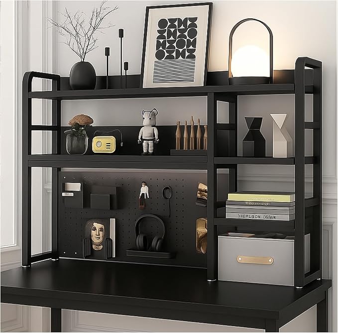 Desktop Bookshelf, pegboard Storage and Organization Rack, Dorm Desk Shelf, Desk Hutch, Desktop Storage for Office, Study, Student Display Rack,Desktop Shelves (Black 37.4" Lx9.9 Wx37 H)