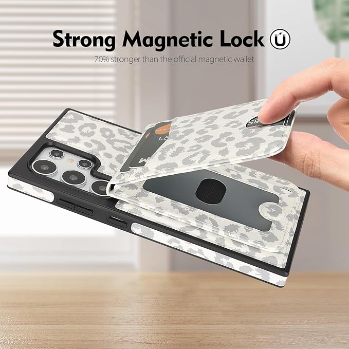 SkyEagle Compatible with Magsafe 2 in 1 Detachable Samsung Galaxy S25 Ultra Wallet Case with Card Holder,Women Men Magnetic PU Leather RFID Blocking Flip Kickstand Credit Slots,Leopard-White