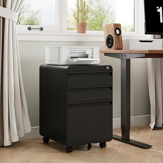 Dripex 3 Drawer Black File Cabinet, Mobile Under Desk Storage File Cabinet with Lock on Wheels, Letter/Legal Size,Fully Assembled, Small Short Vertical Metal Rolling Filing Cabinets for Home Office