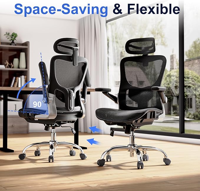 marrap Ergonomic Office Chair, Mesh Seat Cushion with 3D Armrests and 3D Headrest, Adjustable Lumbar Support with 90-120° Rocking Function, Black