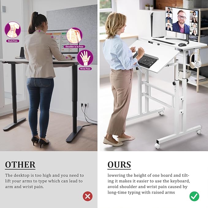 Enayplon Small Standing Desk with Wheels, Mobile Stand Up Desk, Portable Standing Table on Wheels for Walking Pad, Rolling Computer Desk Adjustable Height, Tall Table