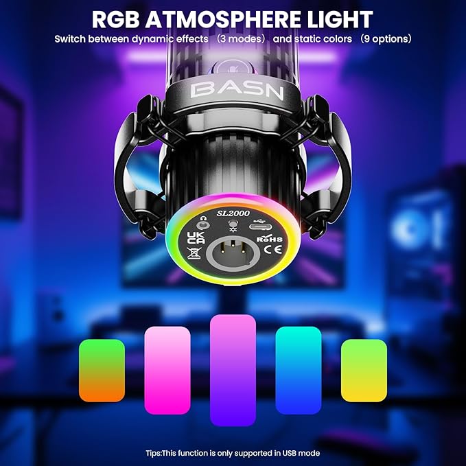 BASN USB/XLR Dynamic Microphone, Live Streaming, Gaming Recording with Three-in-One Mute Button,RGB Lighting and MIC Stand for PC (Black) SL2000