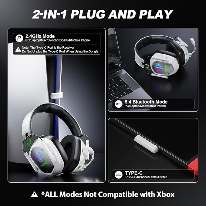 Wireless Gaming Headset for PC, PS5, PS4, Switch, Mac, Mobile Phone, USB&Type-C 2.4GHz Gaming Headphones with ENC Noise Cancelling Mic, 50mm Drivers, 3D Surround Sound, Cool RGB Light, 50H GameTime