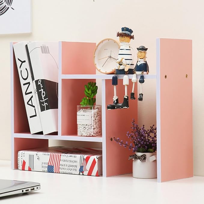 Desktop Shelf Organizer, Adjustable Wood Office Storage Rack, Counter Display Small Bookshelf for Home/Office/School(Pink)