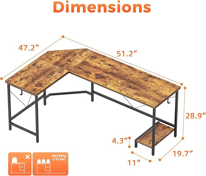 Mericonia 50 inch Large L Shaped Desk, Simple Corner Gaming Desk with CPU Stand & Hooks, Computer Desk for Home, Bedroom & Office Workspace, Dark Brown