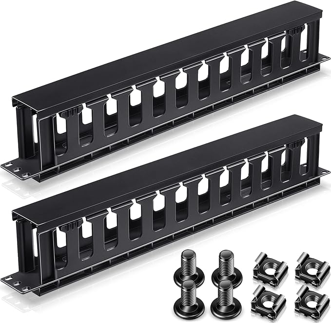 Leinuosen 4 Pcs 1U Rack Cable Management Sleeves Horizontal Mount Cable 12 Slot Management Clips Rack with Panel Cover 19 Inch for Wall Shelf Mount