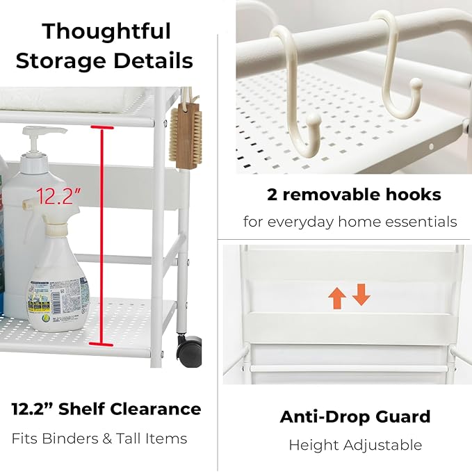 2-Tier Metal Rolling Cart, Under Desk Storage with 12.2" Shelf Clearance, Anti-Drop Guard & Hooks, Compact Utility Cart for Kitchen, Office, Laundry, Bathroom, Pantry, Living Room - White
