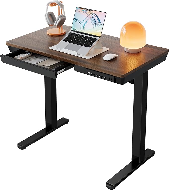 HUANUO Electric Standing Desk with Drawers, 35 x 20 Inch Electric Adjustable Height Desk, Quick Install One-Piece Tabletop with USB Charging Ports, Sit to Stand Up Desk for Home Office, Black Walnut