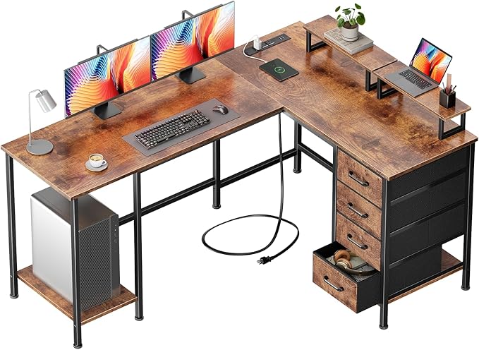 Korfile 59 inch L Shaped Computer Desk with Power Outlets, Home Office Desk with 4 Adjustable Storage Drawers & 2 Monitor Stands, Two Person Gaming Table for Bedroom, Rustic Brown