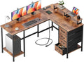 Korfile 59 inch L Shaped Computer Desk with Power Outlets, Home Office Desk with 4 Adjustable Storage Drawers & 2 Monitor Stands, Two Person Gaming Table for Bedroom, Rustic Brown