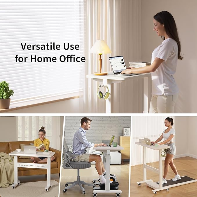 WALKINGDESK Mobile Walking Pad Desk with Wheels, Pneumatic Small Rolling Standing Desk Riser Height Adjustable (28-43.7") for Treadmill, Portable Computer Table for Home Office, White