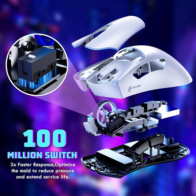 MAMBASNAKE ATTACKSHARK V3 Wireless Gaming Mouse,Adjustable 25K DPI PAW3311 Optical Sensor,Ergonomic 62g Lightweight 5 Programmable Buttons 500mAH Battery,2.4G/BT/USB-C Wired for PC/Mac-White