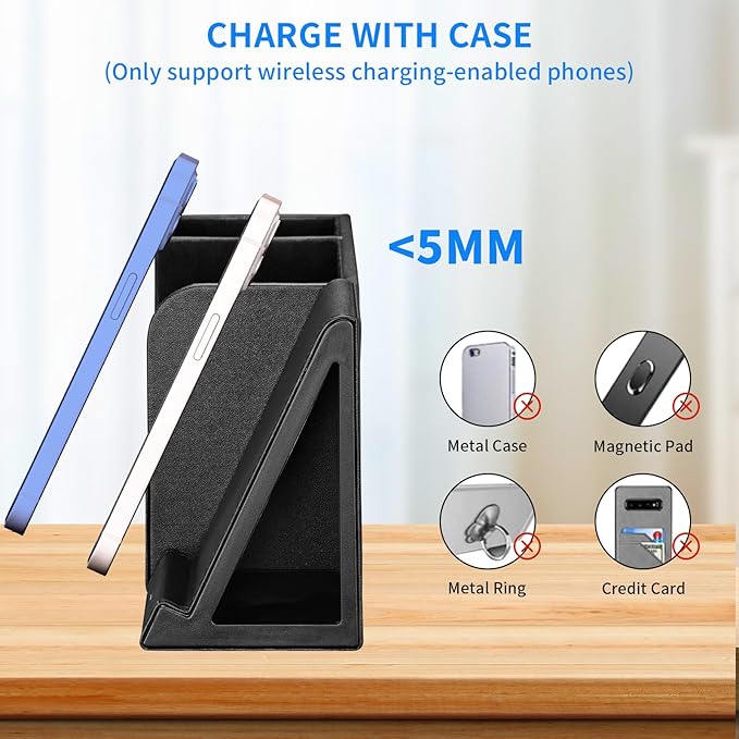 Wireless Charger with Desk Organizer, Fast Charging Station for iPhone 15 14 13 12 11 Pro Max/Samsung Galaxy S23/S22/S21/S20/Z Flip/Fold 5, Desk Phone Charger Stand Office Desktop Organizer Leather