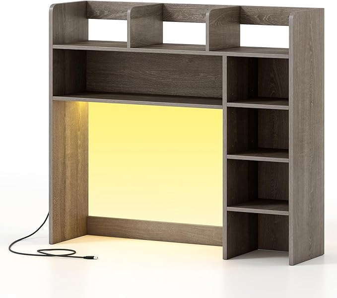 Tangkula Desktop Bookshelf with LED Lights, Desk Hutch with 8 Shelves for Max 25" Monitor, Desktop 5-Tier Display Rack, Multipurpose Wood Desktop Storage Hutch Organizer for Dorm Office Home (Grey)