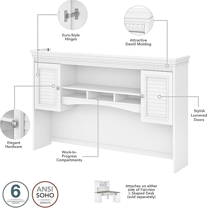 Bush Home Fairview 60W L Shaped Desk with Hutch and Lateral File Cabinet in Pure White and Shiplap Gray