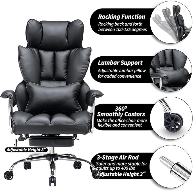 Efomao Big and Tall Office Chair with Foot Rest 400LBS, PU Leather Computer Chair, Heavy Duty Executive Office Chair with Lumbar Support, Black Home Office Chairs
