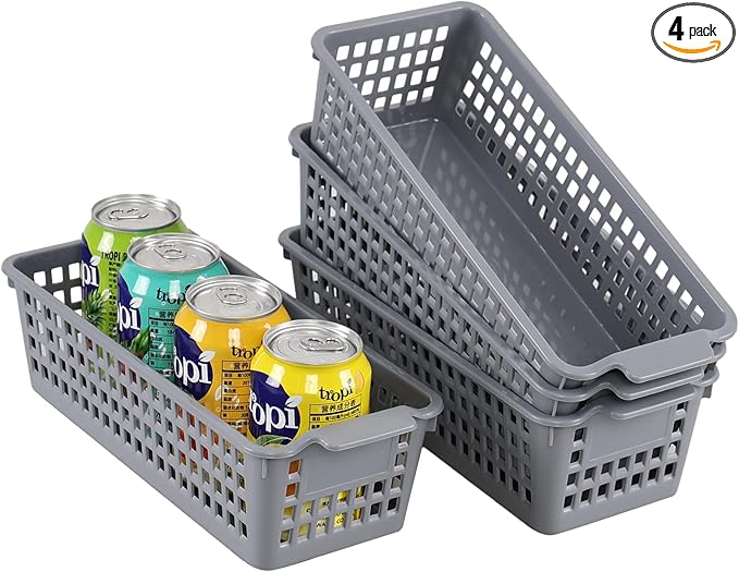 Anbers Gray Small Plastic Storage Basket, Narrow Baskets for Desktop Organizing, 4 Pack