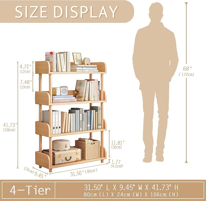 OSCHF 4-Tier Wooden Open Bookcase - Modern Display Bookshelf with Top Edge and Solid Wood Frame for Home and Office, Storage Cabinet, Oak