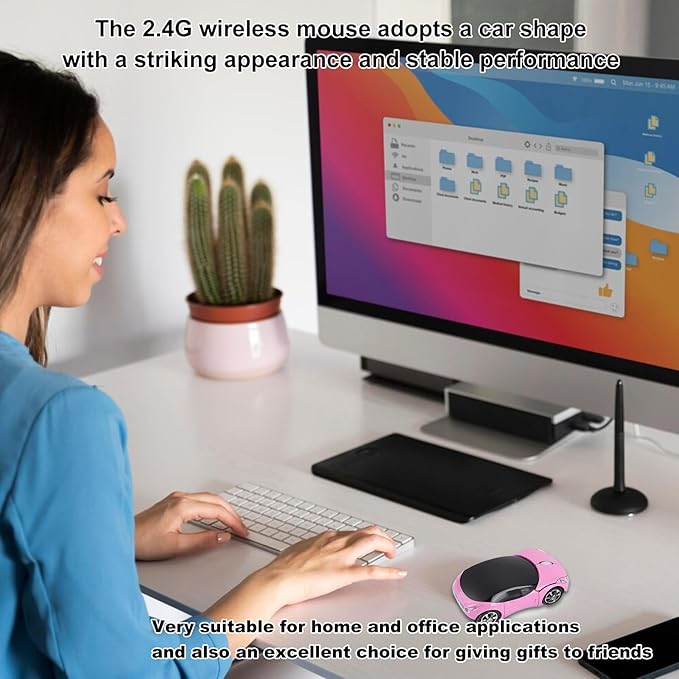 ASHATA 2.4G Car Mouse with USB Reciver 1600DPI Optical Mouse for PC Computer Laptop Tablet, High Cute Mouse for XP//Win7/ME/2000/for OS (Pink)