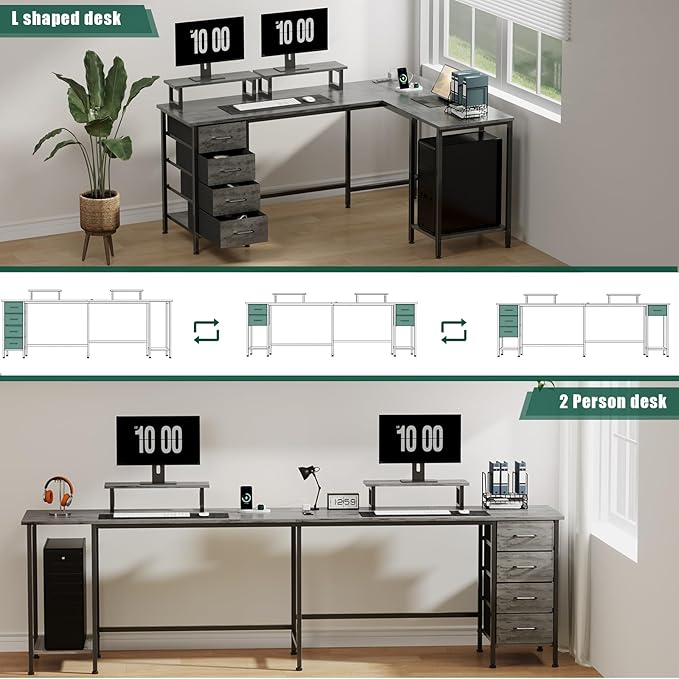 Korfile 59 inch L Shaped Computer Desk with Power Outlets, Home Office Desk with 4 Adjustable Storage Drawers & 2 Monitor Stands, Two Person Gaming Table for Bedroom, Grey