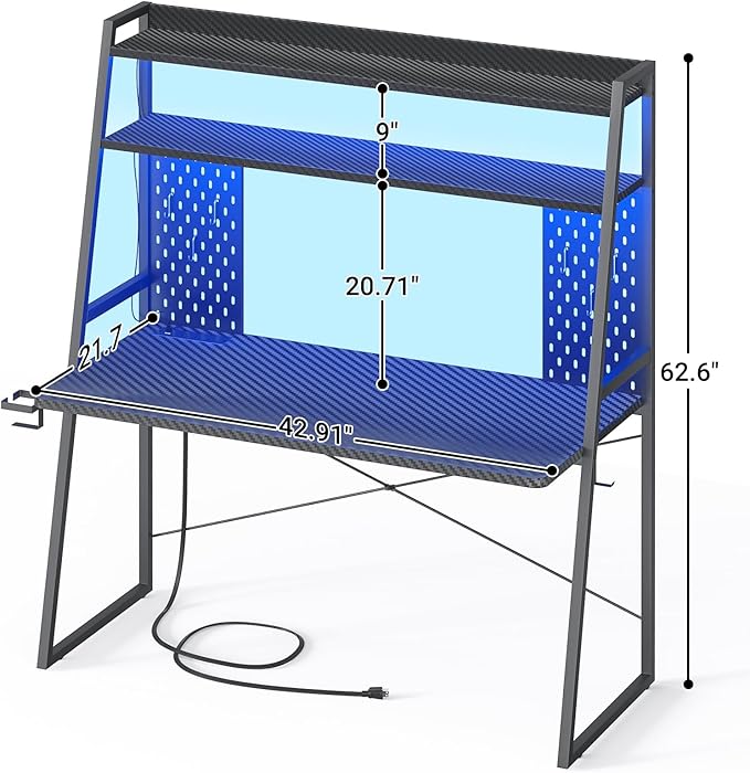 Besiost Small Gaming Desk with Hutch and LED Lights, Gaming Computer Desk with Power Outlets, Gamer Desk with Storage Shelves, Game Desks with Pegboards for Bedroom Small Spaces, Black, 43"