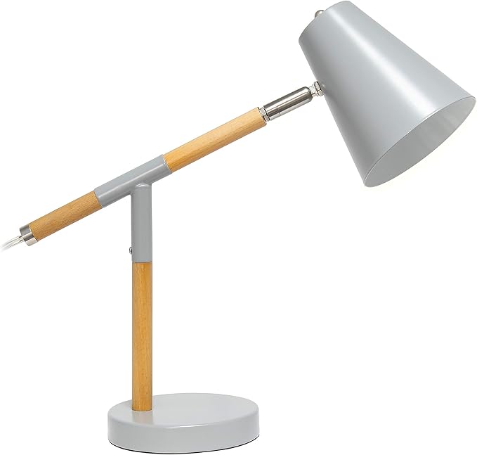Simple Designs LD1059-GRY Gray Matte and Wooden Pivot Desk Lamp