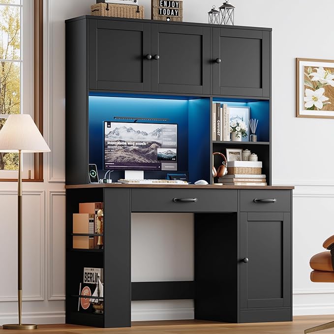 Keyluv 71" Tall Computer Desk with Hutch Cabinet, Home Office Desk with Storage Drawers Shelves and Side Rack, Wood Executive Desk with Doors, Outlet Station and Smart LED Lights, Black