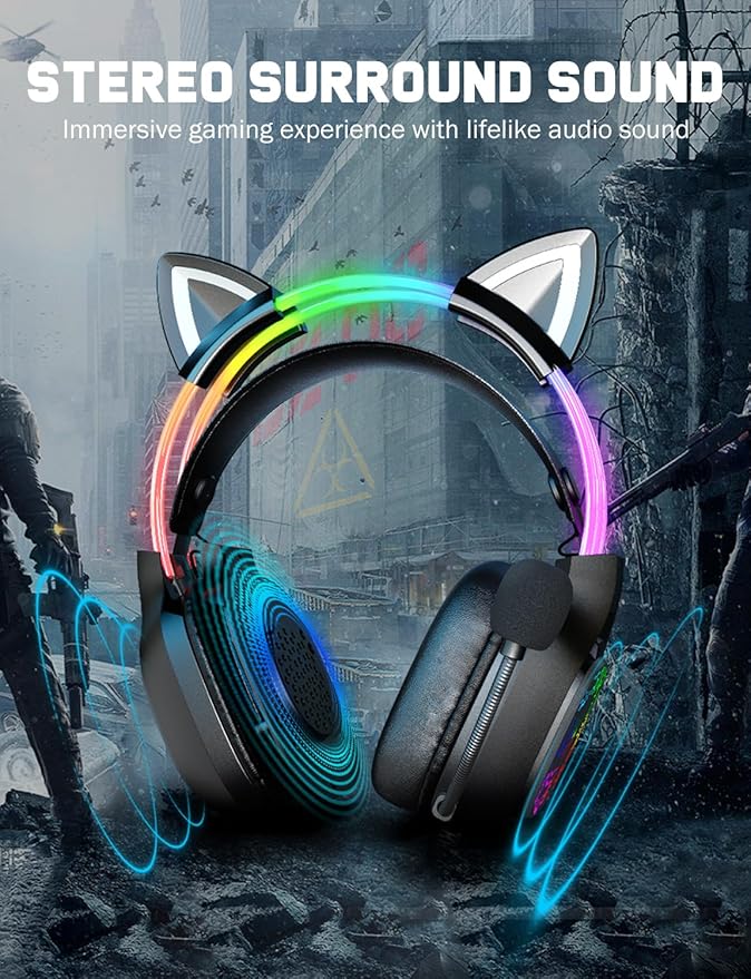 ONITOON Gaming Headset with Microphone, RGB Lights, Detachable Cat Ear, Lightweight Over-Ear Headphones with Adjustable Headband for PC, PS4, PS5, Mac, Switch, Surround Sound, in-Line Control, Black