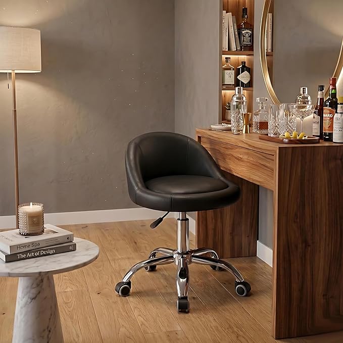 combofix Adjustable Rolling Stool with Backrest, 15" Round PU Leather Swivel Stool, Heavy Duty 400lbs Office Chair with Wheels, for Salon Tattoo Drafting Work SPA Massage Home Office, Black