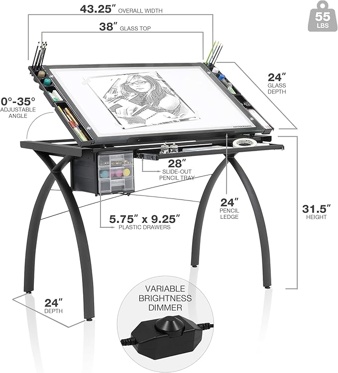 Artograph Futura Light Tracing Table for Artists with Storage and Adjustable, Dimmable Glass Work Top