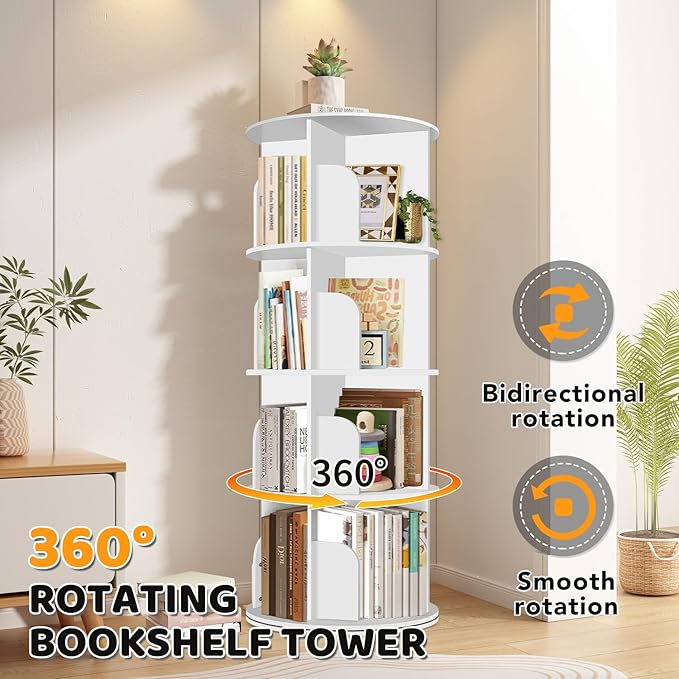 RUNSUNSPRI 4 Tier Rotating Bookshelf Tower, Spinning Bookshelf, Revolving 360° Bookcase Storage Round Carousel, Vertical Rotate Turning Spiral Corner Organizer Lazy Susan, White