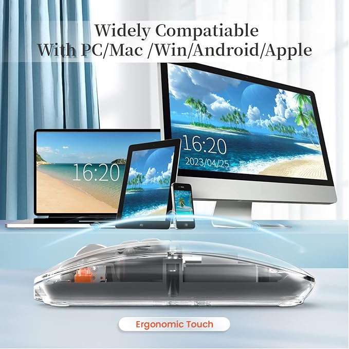 A.JAZZ Wireless Bluetooth5.1&2.4G Mini Lightweight Mouse,Transparent Clear Cool,Rechargeable Silent Computer Mice,Nano USB C Receiver,LED Battery Magic Silm for Office/PC/Mac/Laptop/Apple/ipad(Grey)