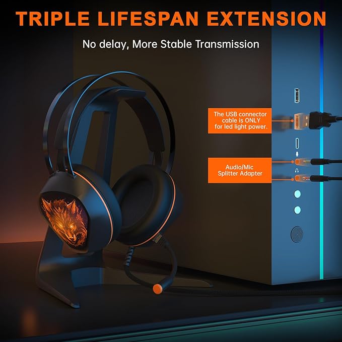 Gaming Headset for Xbox Series X/S, Xbox One, PS5, PS4, PC with 7.1 Surround Sound, Wired Gaming Headphone with Noise Cancelling Mic, Dynamic RGB Light for Xbox Controller, Switch (Black Orange)
