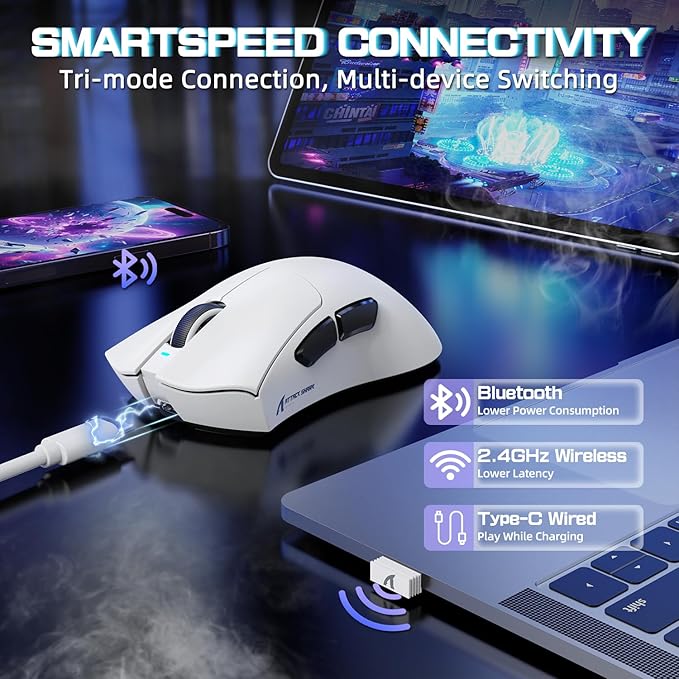 ATTACK SHARK V3 PRO Wireless Esports Gaming Mouse with Magnetic Charging Dock:62g Lightweight-1K Polling-25K DPI-PAW3311 Sensor,Wired/BT/2.4Ghz Programmable,BK52820 IC for PC Mac Laptop Gamer(White)