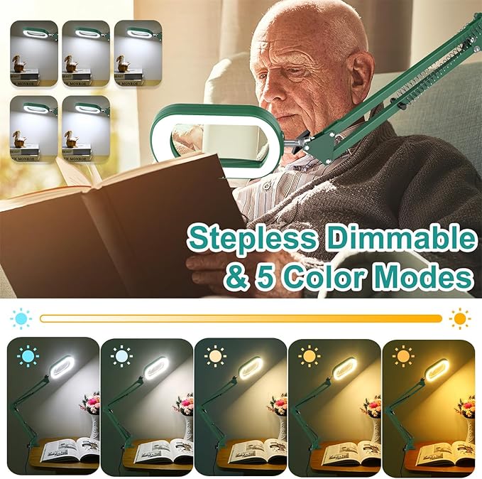 IVMAIE 10X Rectangle Magnifying Glass with Light, 5 Color Modes Stepless Dimmable Magnifier with Stand, LED Lighted Clamp Desk Lamp with Swing Arm, Hands Free for Reading Painting Close Work - Green