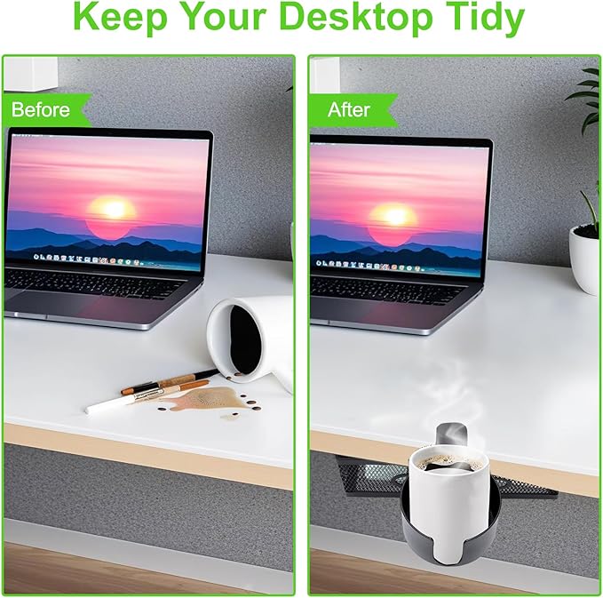 Gugxiom 360 Under Desk Organizer With Cup Holder, Hidden Storage Drawer, Sturdy C-Clamp for Home Office (White)