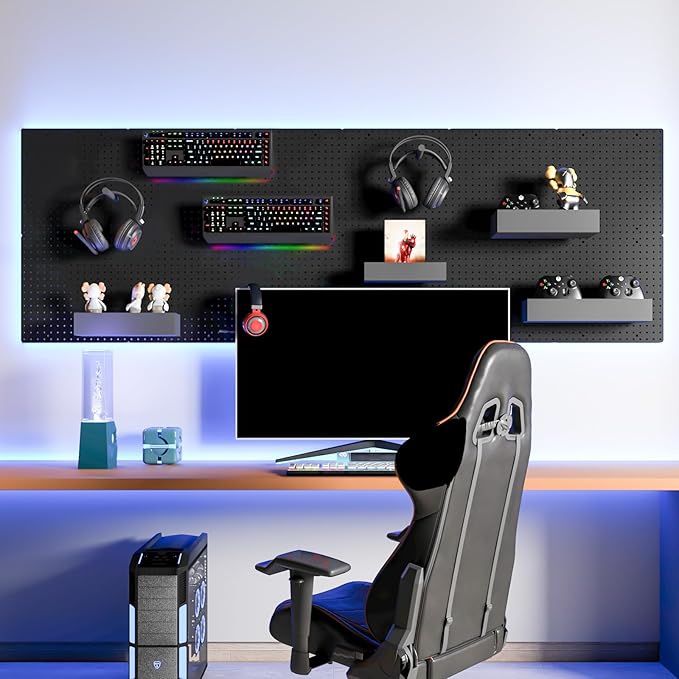 FZK Peg Board, Black Pegboard 4pcs and 46 Pegboard Hooks with Strong Ribs Back Holds up for 200Ib, Peg Board Organizer for Walls for Garage Workshop Office Kitchen, 16"*16"