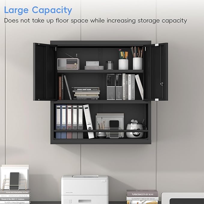 Metal Garage Storage Cabinets, Lockable Black Cabinet, Tool Cabinets Storage Wall Mounted, Hanging Cabinet with Guard Bar for Home Office, Basement