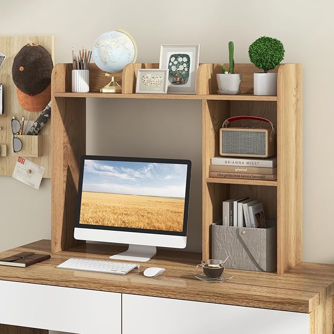 Desktop Bookshelf, 3-Tier Desk Hutch Shelf with 5 Display Rack for Computer Desk, Desk Organizer Shelves for Top of Desk, Dorm, Home, Office (Natural)
