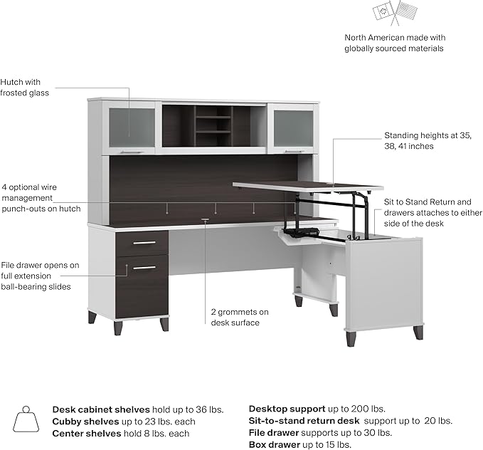 Bush Home Somerset 72W 3 Position Sit to Stand L Shaped Desk with Hutch in White and Storm Gray | Adjustable Height Table for Home Office