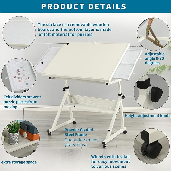 Drafting Table Art Table on Wheels with Storage & 4 Side Trays - Adjustable Drawing Table Tilted Tabletop, Crafting Desk with Storage for Artist Painters Home Office (White C)