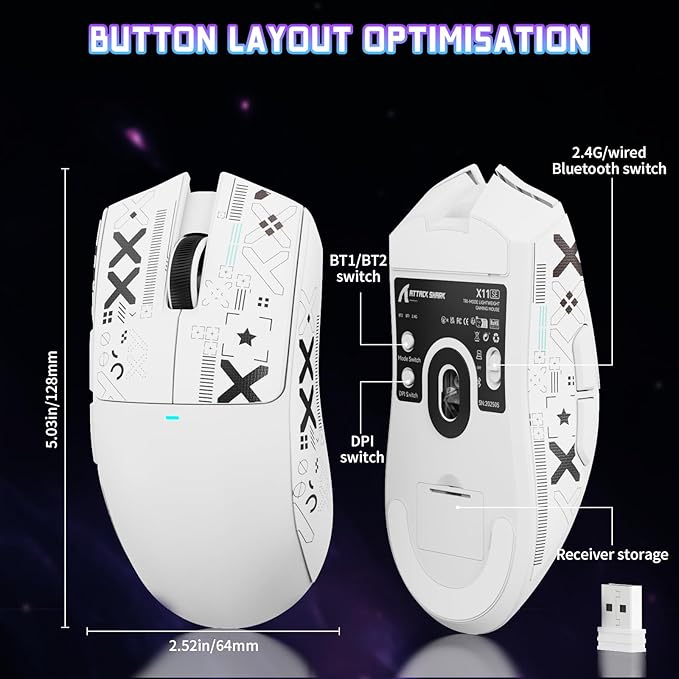 ATTACK SHARK X11SE Lightweight Wireless Gaming Mouse, 59g Tri-Mode BT/2.4G Wireless/Wired Gaming Mouse, PixArt PAW3311 Gaming Sensor, 22000 DPI, Office Mice with Tape for PC/Xbox/Win/Mac (White)